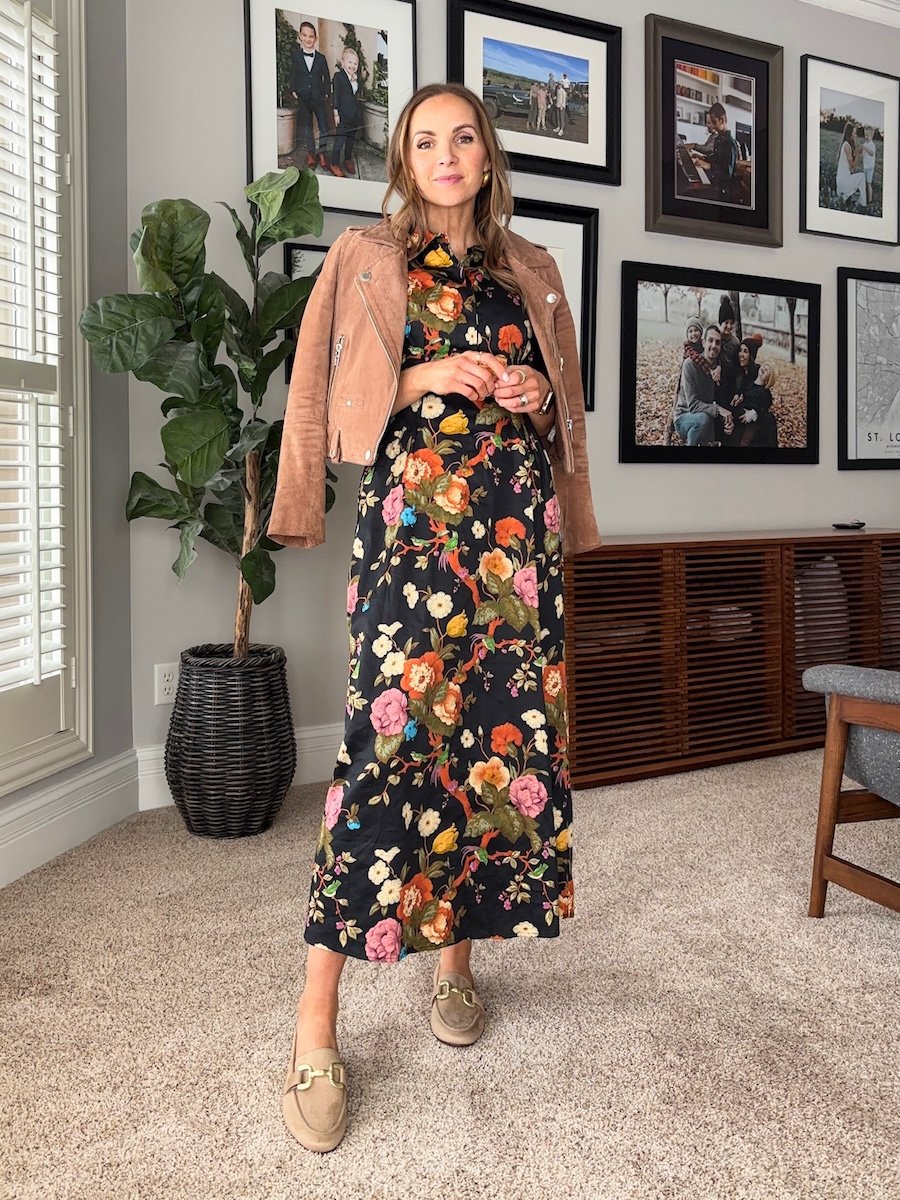 merricksart tuckernuck dress with suede jacket