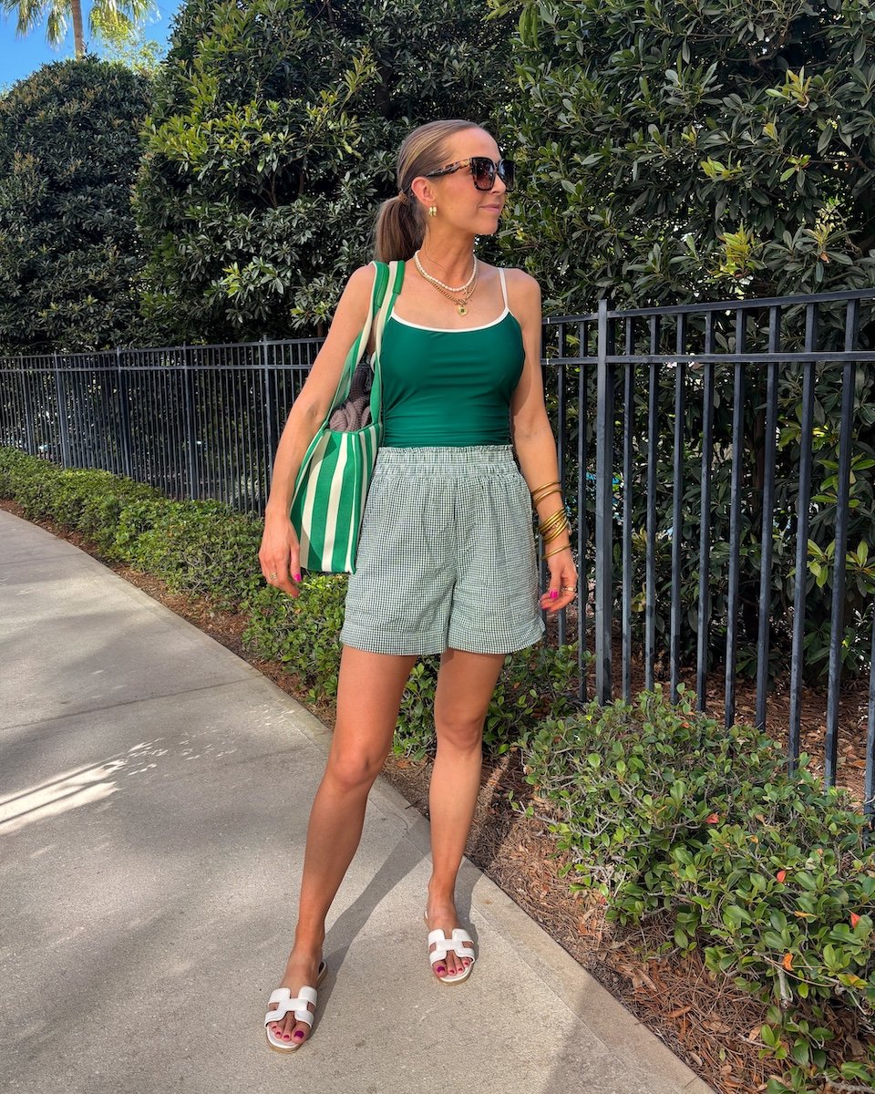 pool day outfit green amazon swimsuit gingham boxer shorts merricksart