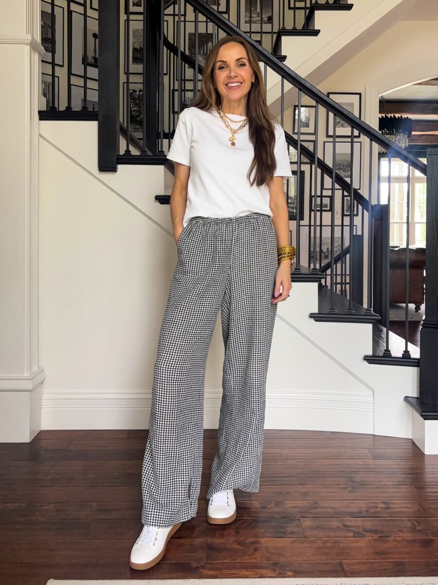 Aritzia white tee, target Gingham pants, Vionic sneakers