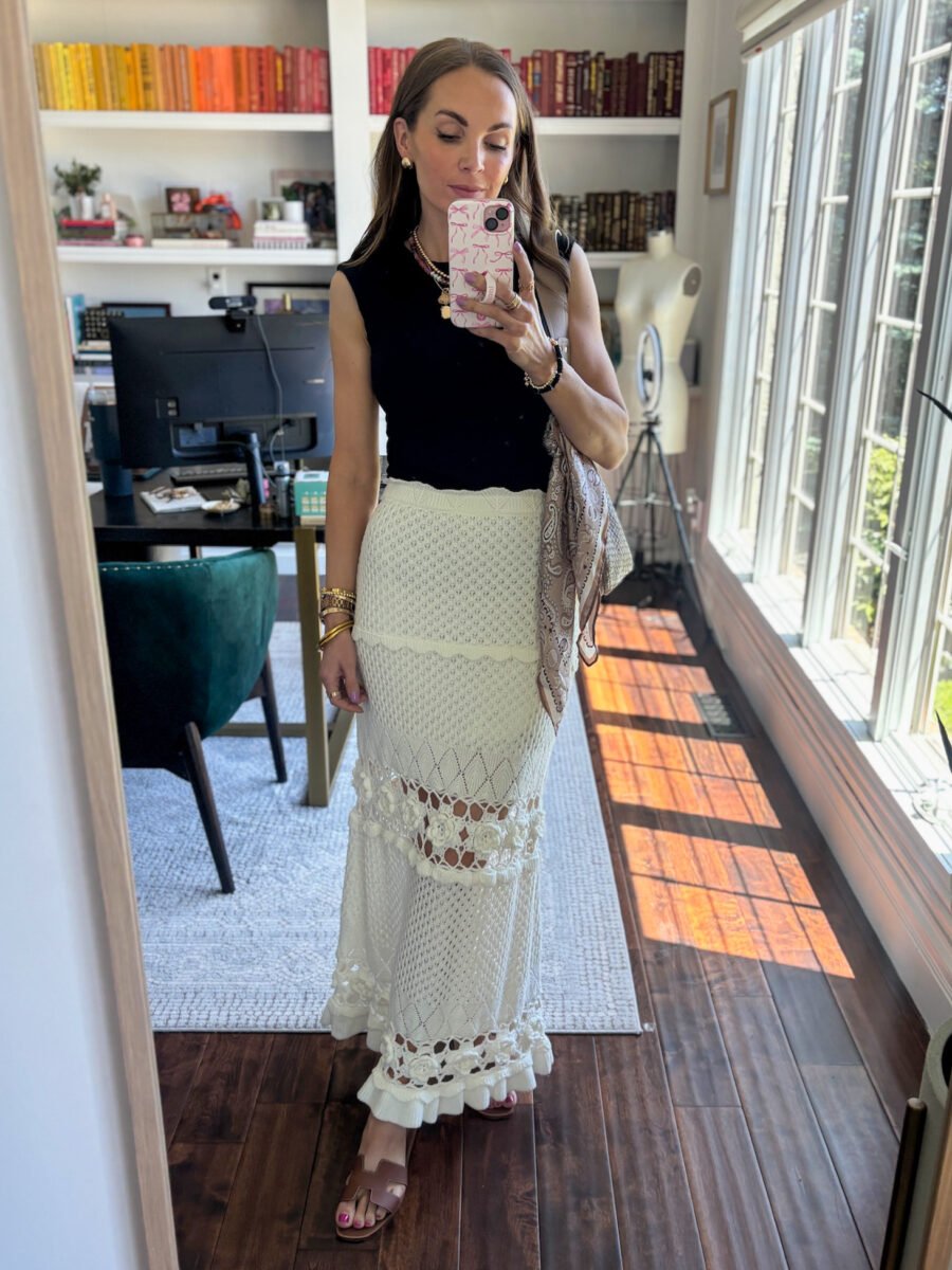 Summer trends - ANTHROPOLOGIE crochet skirt, target muscle ribbed Tee, hermes sandals
