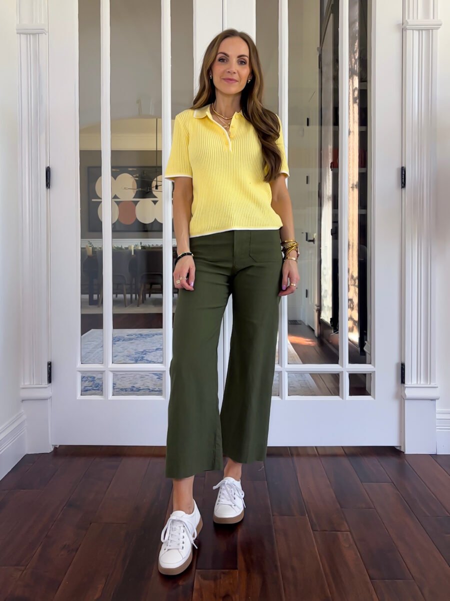 what to wear with butter yellow - anthropologie olive green pants