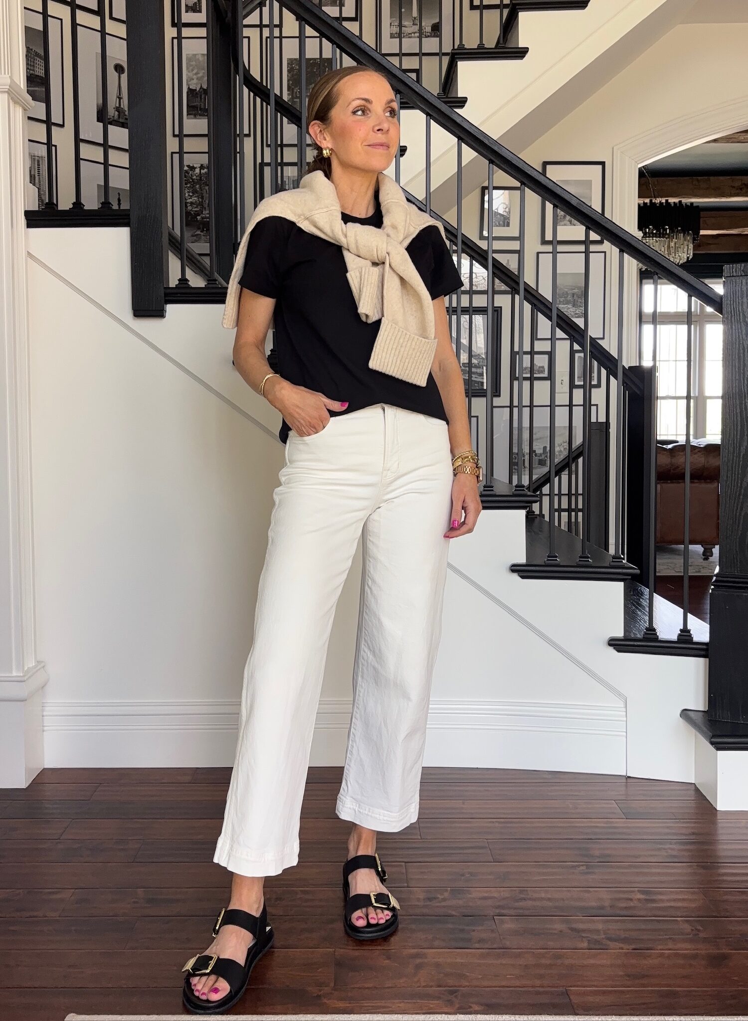 MADEWELL white cropped wide leg jeans, MADEWELL perfect tee, Walmart sandals, mango sweater