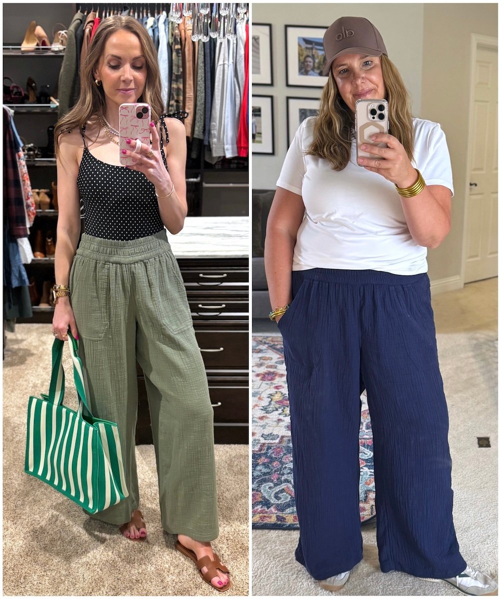 aerie gauzy pull on pants with swimsuit or white tee wednesday twinning kristy