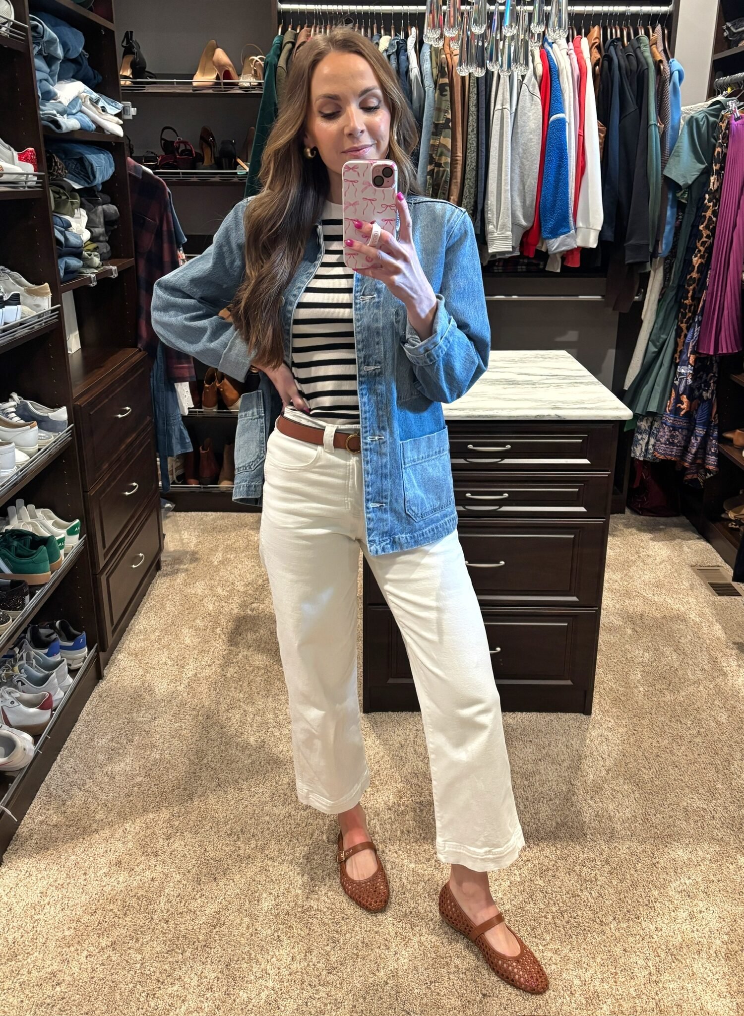 MADEWELL white cropped wide leg jeans, target Stripped tee, target woven Flats, quince denim Chore Jacket