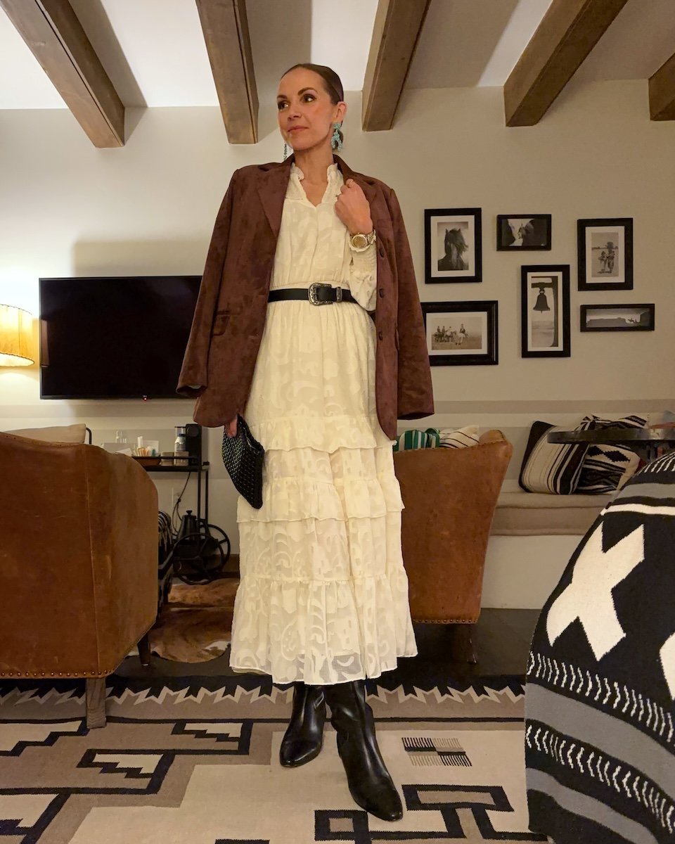 merricksart santa fe ruffle dress and suede jacket