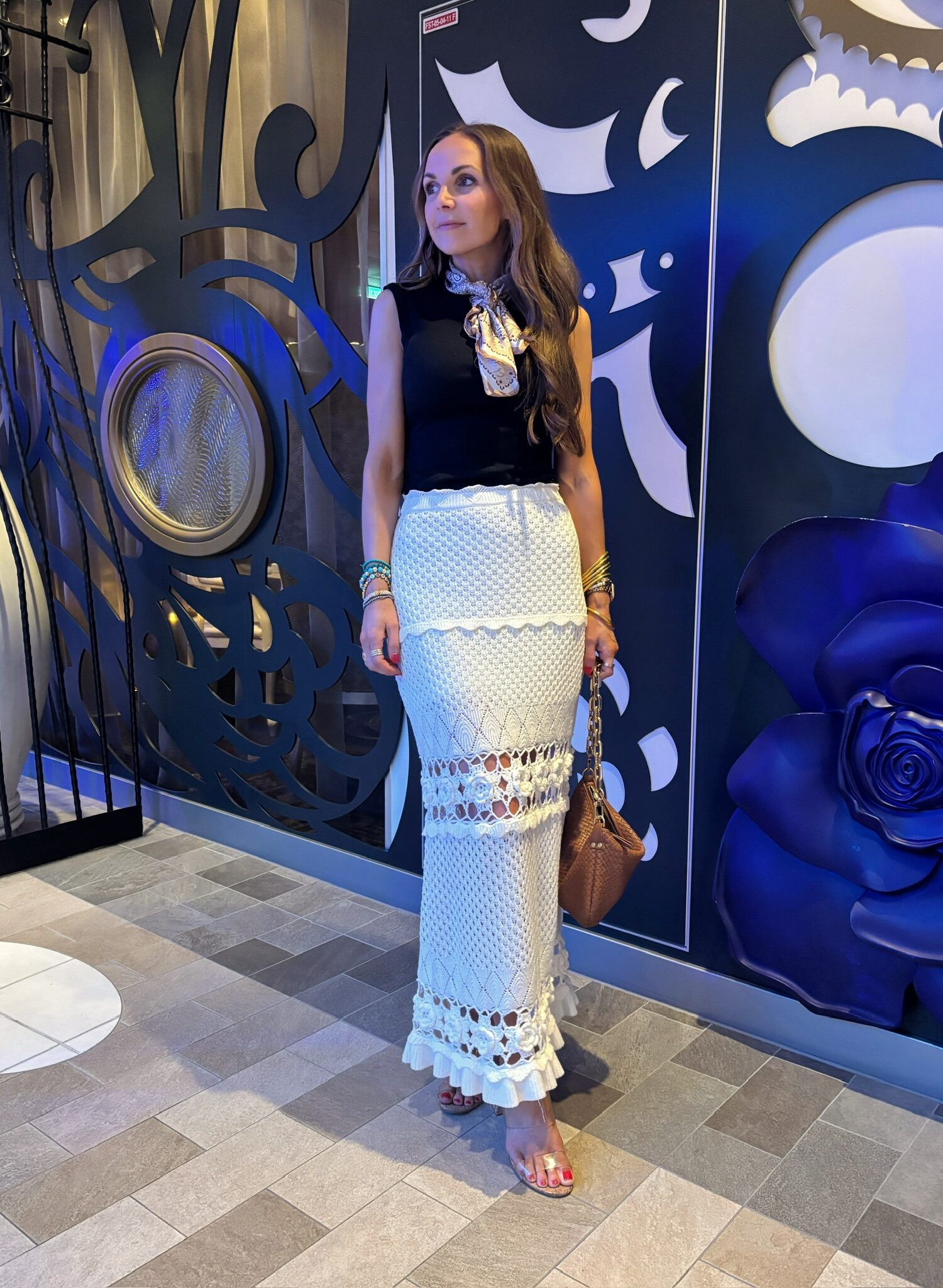 Anthropologie crochet Maxi skirt, target black muscle tank/tee, anthro scarf, quince bag