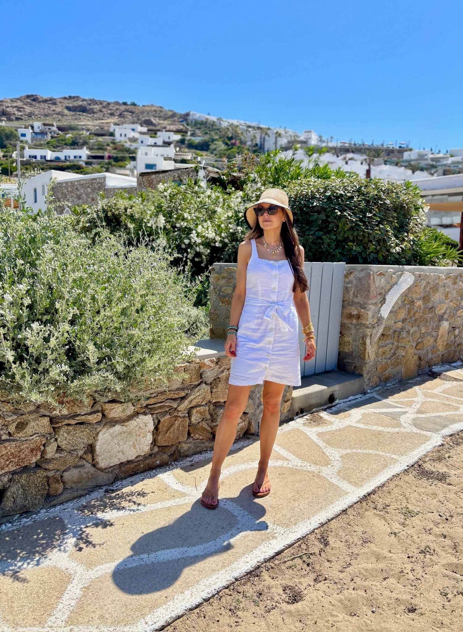 target linen mini vest dress, madewell bucket hat, madewell sunglasses, reef sandals