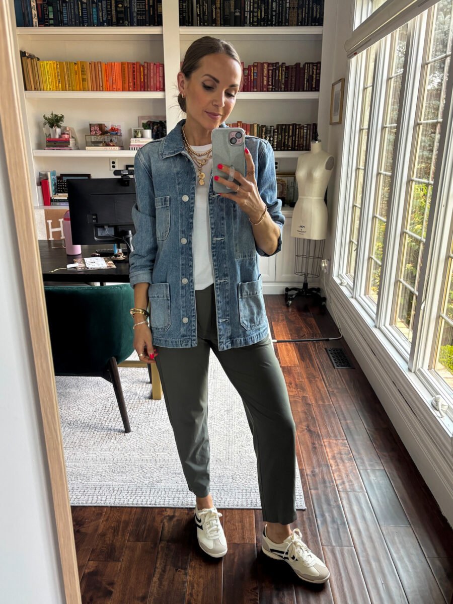 Athleta Endless pants, walmart sneakers, quince denim chore jacket