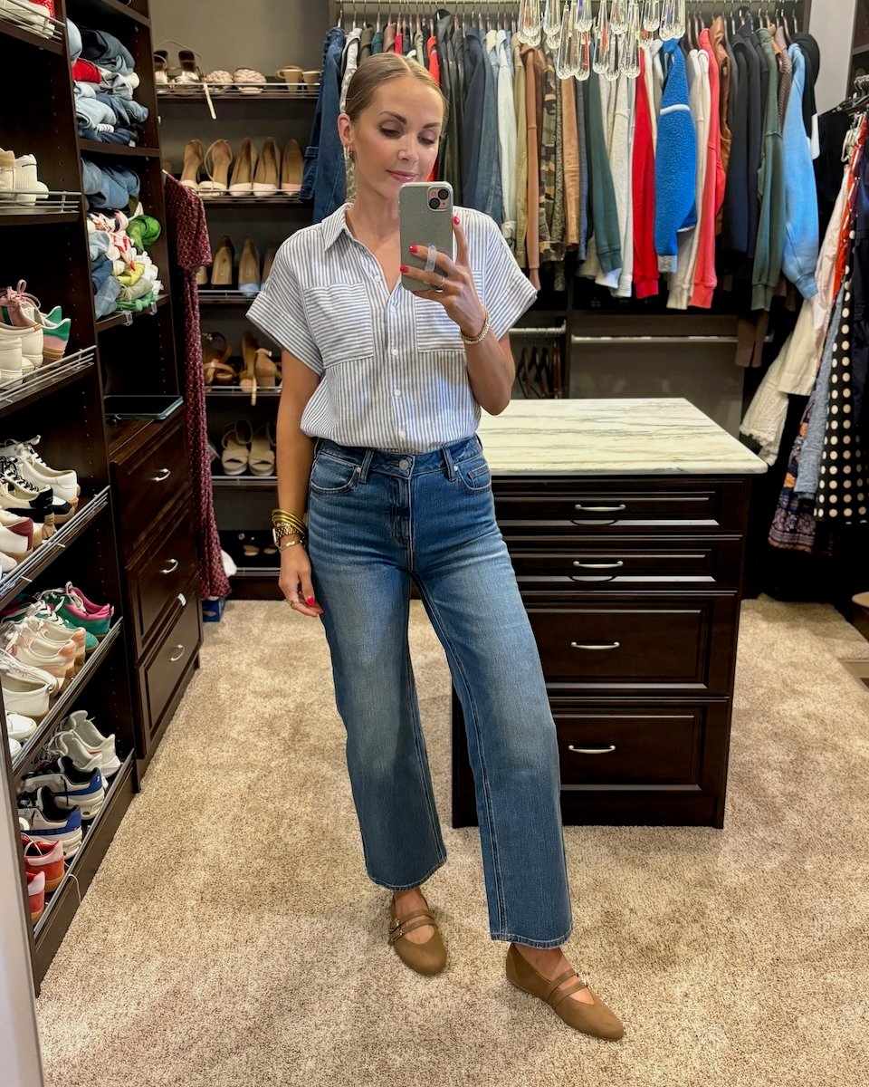 bella quince jeans striped button up and double strap ballet flats